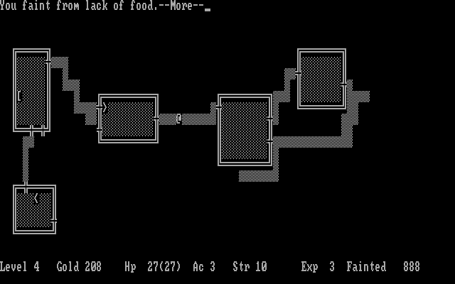 Hack (DOS) screenshot: Running out of food leads to fainting and eventually death