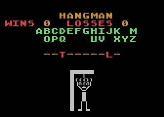 Hangman (Atari 8-bit) screenshot: I have 2 letters right but I am almost dead.