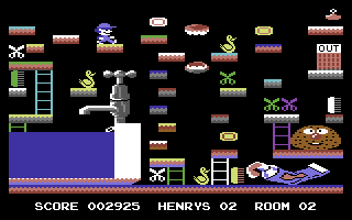 Henry's House (Commodore 64) screenshot: Room 02 - the scissors are actually items that must be collected