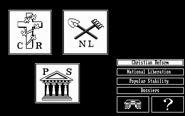 Hidden Agenda (DOS) screenshot: Select your ministers from the three popular parties