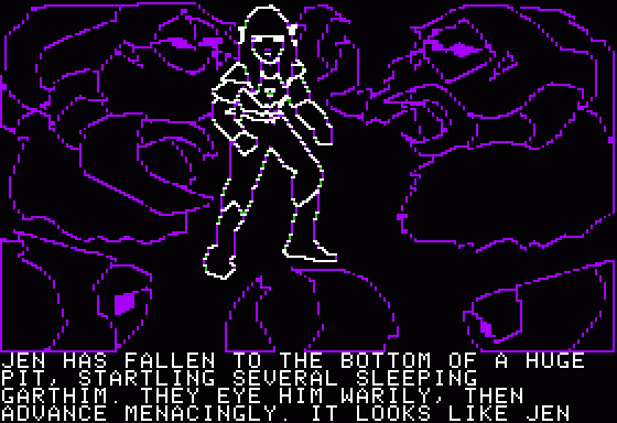 Hi-Res Adventure #6: The Dark Crystal (Apple II) screenshot: Alone now, confronting a horde of Garthim. I guess they don't want to play ping-pong.