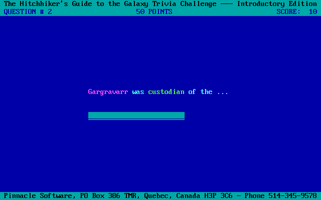 The Hitchhiker's Guide to the Galaxy Trivia Challenge (DOS) screenshot: An example of a fill-in-the-blank question
