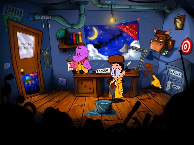 Tony Tough and the Night of Roasted Moths (Windows) screenshot: Tony in his office with his "dog" Pantagruel.