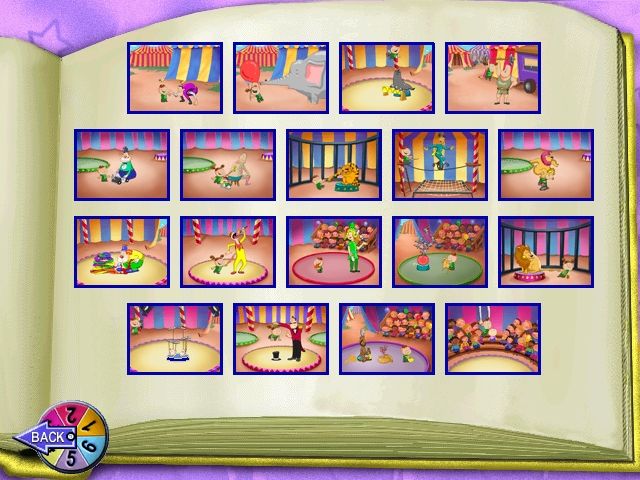 Chutes and Ladders (Windows) screenshot: The circus "Golden Rule" book, showing all the consequences, good and bad.