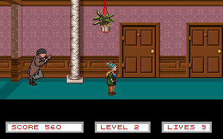 Home Alone 2: Lost in New York (DOS) screenshot: The bad men chase you even indoors.