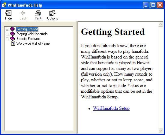 WinHanafuda (Windows) screenshot: The game's help file opens in a new window