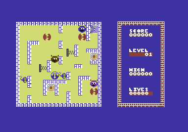 Humpty Dumpty meets the Fuzzy Wuzzies (Commodore 64) screenshot: A Fuzzy Wuzzy is about to land on top of Humpty