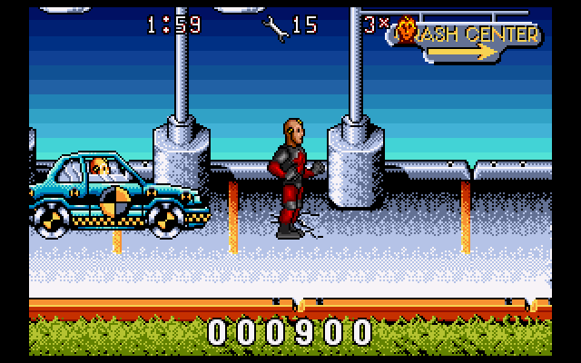 The Incredible Crash Dummies (Amiga) screenshot: Watch out, Slick. A car is approaching you from behind