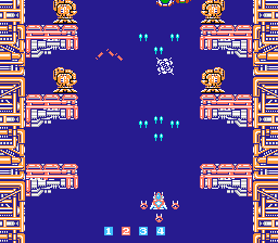 ImageFight (NES) screenshot: On every platform there is a pesky robot. Not to mention all those ships shooting at me...