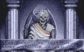 Imperium (DOS) screenshot: After a hundred years of rule or so, your body peters out. Hey! I thought this was the future! Where's my immortality? And what about my flying cars!
