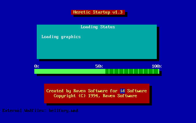 H!Zone (DOS) screenshot: Loading Heretic level HELLFURY.WAD