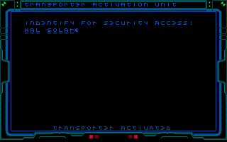 Infestation (DOS) screenshot: Access terminal with F2, type in KAL SOLAR and you will see TRANSPORTER ACTIVATED at the bottom of the screen