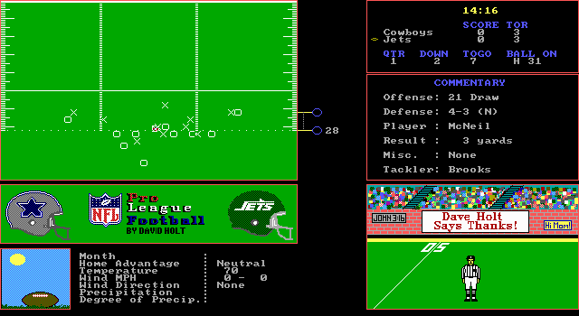 NFL Pro League Football (DOS) screenshot: A play in progress (EGA graphics mode)