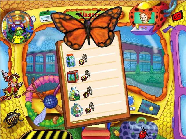 Scholastic's The Magic School Bus Explores Bugs (Windows) screenshot: In the bus: there are four mystery bugs to be captured on this trip.