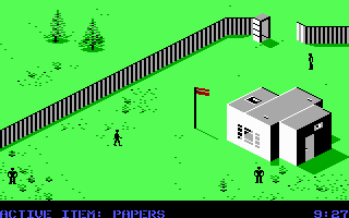 Infiltrator II (DOS) screenshot: There are several buildings in the enemy compound.