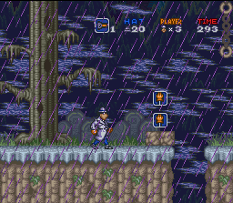 Inspector Gadget (SNES) screenshot: Under a torrential rain, the first level begins.