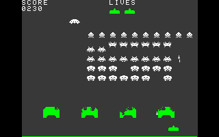 Invaders 1978 (DOS) screenshot: From time to time, flying saucers appear at the top...