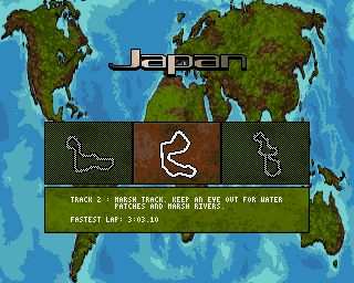 Jaguar XJ220 (Amiga) screenshot: Overview of the tracks in Japan