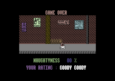 Jack the Nipper (Commodore 64) screenshot: Game over. My rating: Goody goody.