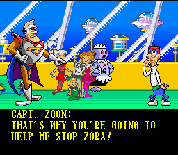 The Jetsons: Invasion of the Planet Pirates (SNES) screenshot: Intro: Zoom enlists Jetson to help him defeat Zora