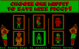Jim Henson's Muppet Adventure No. 1: "Chaos at the Carnival" (DOS) screenshot: Muppet selection screen. Muppets do not differ in anything but looks.