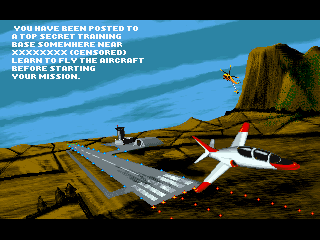 Jetstrike (DOS) screenshot: The game has a series of training missions.