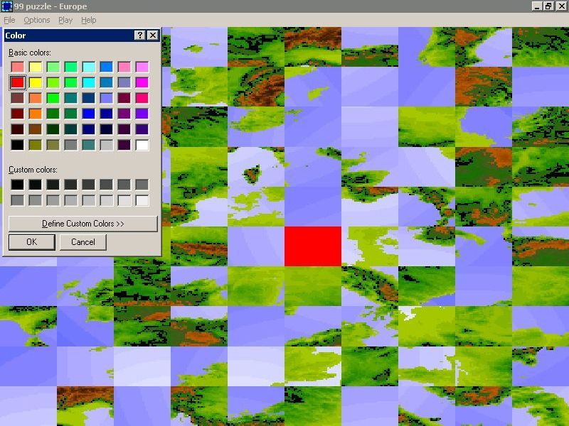 15 Puzzle (Windows) screenshot: The Europe puzzle showing the option to make the empty cell more visible