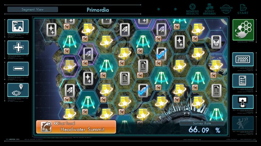 Xenoblade Chronicles X (Wii U) screenshot: When not being utilized for off-TV play, the GamePad displays a world map. Each of these hexagonal segments has a specific objective that counts towards the completion rate.
