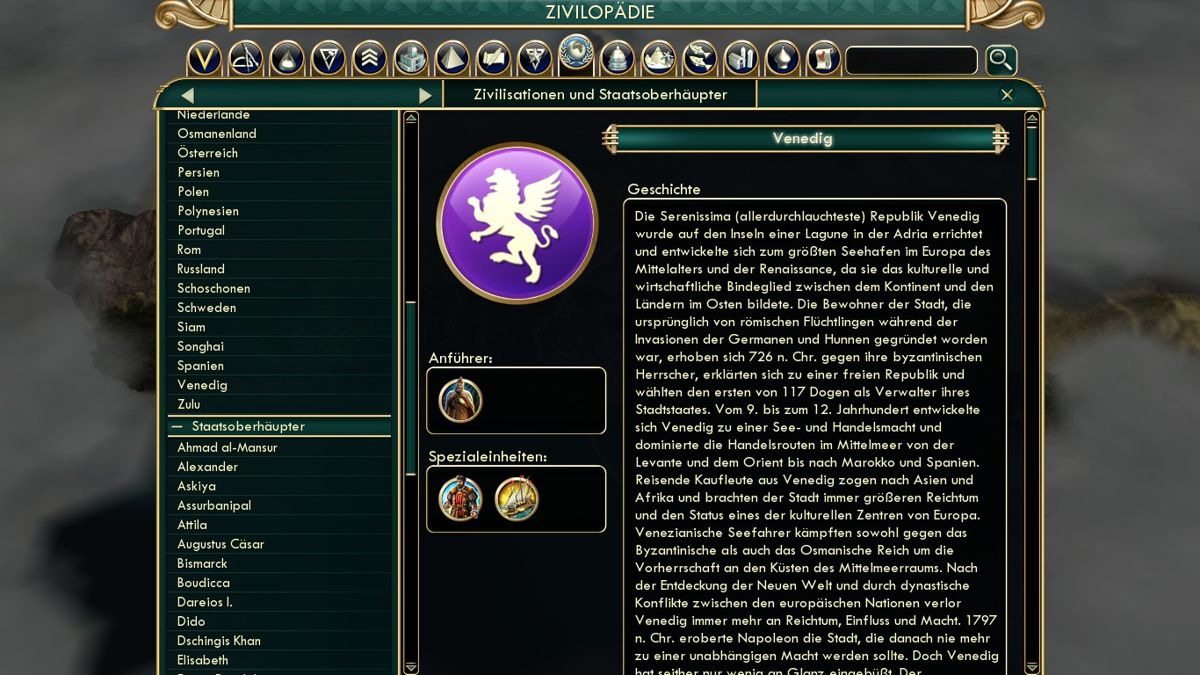 Sid Meier's Civilization V: Brave New World (Windows) screenshot: Detailed information about one of the new civilizations: Venice.