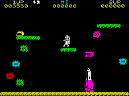 Jetpac (ZX Spectrum) screenshot: Second, collect six fuel pods to refuel the rocket