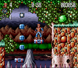 Jim Power: The Lost Dimension in 3D (SNES) screenshot: Platforms and Items