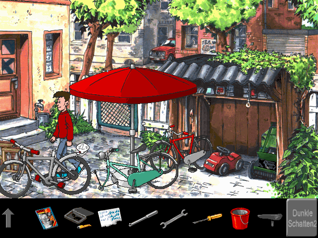 Dunkle Schatten 2: Im Netzwerk gefangen. (DOS) screenshot: ... where we repair our bicycle.