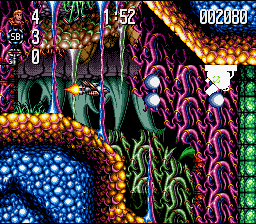 Jim Power: The Lost Dimension in 3D (SNES) screenshot: Jim's Spaceship fires on an enemy