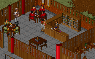 Jinyong Qunxia Zhuan (DOS) screenshot: In an inn, talking to different people