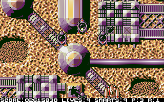 Sky High Stuntman (Atari ST) screenshot: Flying over futuristic backgrounds