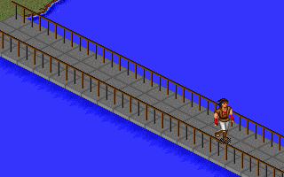 Jinyong Qunxia Zhuan (DOS) screenshot: The hero is crossing a bridge over a small lake