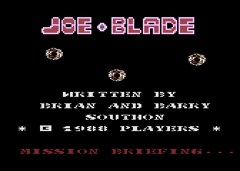 Joe Blade (Atari 8-bit) screenshot: Title screen and credits