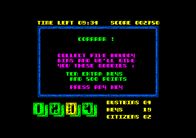 Joe Blade II (Amstrad CPC) screenshot: If I collect 5 bouncy bins, I'll get 10 extra keys and 500 points.