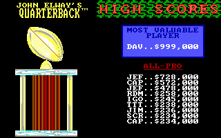 Quarterback (PC Booter) screenshot: High scores (EGA/MCGA/Tandy)