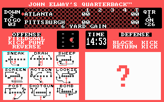 Quarterback (PC Booter) screenshot: Selecting a play. (CGA)