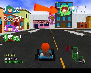 South Park Rally (PlayStation) screenshot: Once you get near a checkpoint, an arrow will appear directing you to it.