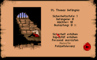 St. Thomas (DOS) screenshot: The prison: you can influence your police's behaviour, change the staff and improve the building and the security level.
