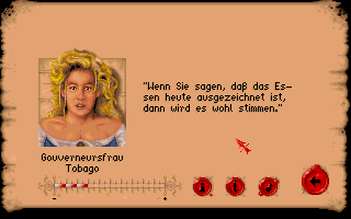St. Thomas (DOS) screenshot: If you choose the right options, the meter in the lower left corner will increase. It shows how positive the person's attitude is towards you.
