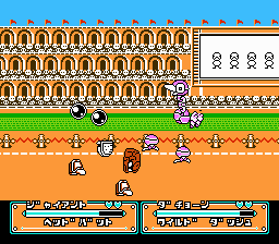 Joy Mecha Fight (NES) screenshot: The fight against the stage one boss, using the seventh captured robot.