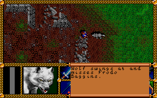 J.R.R. Tolkien's The Lord of the Rings, Vol. I (DOS) screenshot: Combat screen - Frodo is attacked by a white wolf.