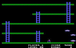 Jumpman (PC Booter) screenshot: Flying saucers causing some trouble (PCjr)