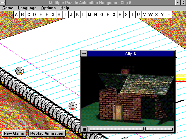 Animation Hangman (Windows 3.x) screenshot: A clip of a house being assembled