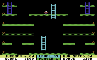 Jumpman Junior (Commodore 64) screenshot: This level is called Sreddal (thats ladderS backwards)