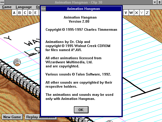 Animation Hangman (Windows 3.x) screenshot: About screen