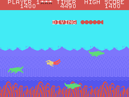 Jungle Hunt (TI-99/4A) screenshot: Swimming through dangerous waters